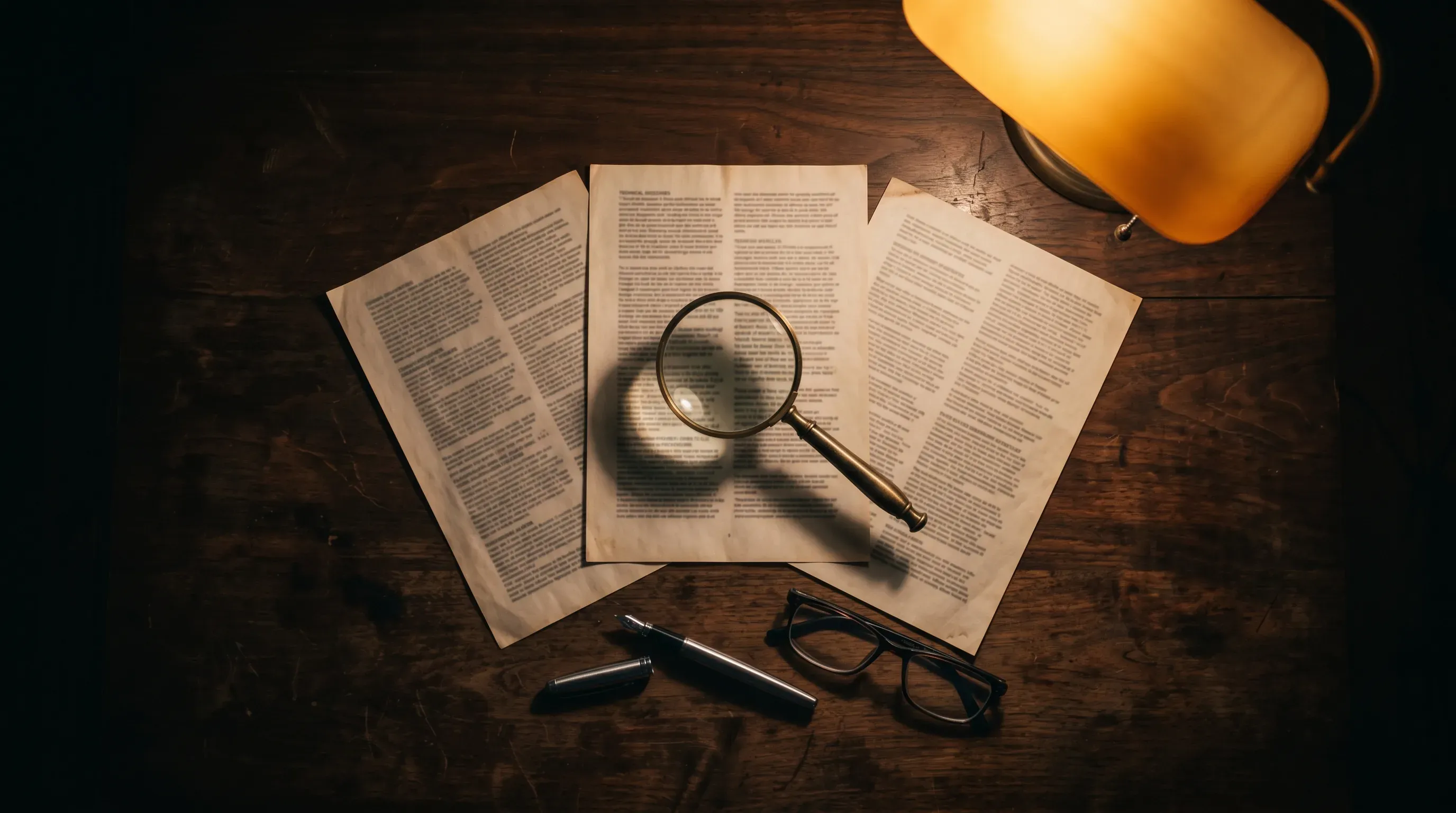 Trei oferte tehnice comparate pe birou închis, cu lupă și pix, fotografie close-up profesională