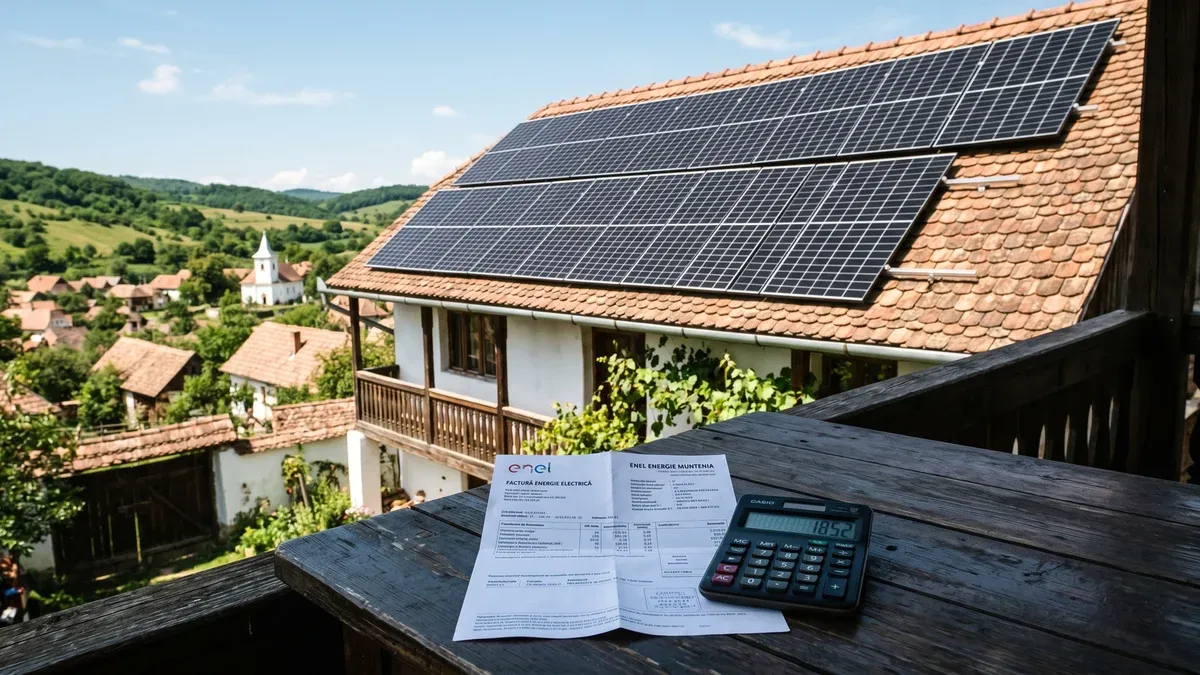 Calculator și factură de energie electrică pe un birou, lângă o miniatură de casă cu panouri fotovoltaice pe acoperiș