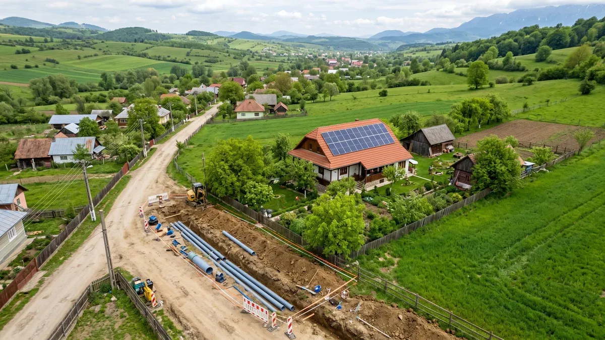 Vedere aeriană a unei localități rurale din România cu sistem fotovoltaic instalat pe o casă și conducte de canalizare în lucru, simbolizând tranziția bugetului AFM