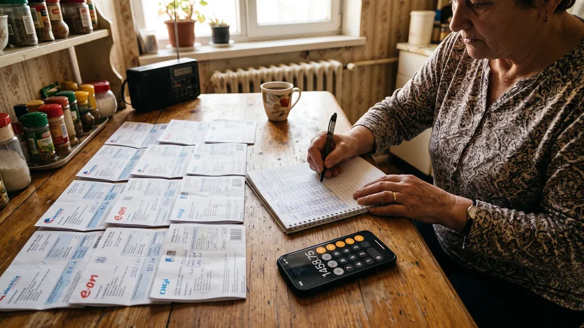 Masă de bucătărie cu douăsprezece facturi de energie așezate în ordine, un caiet cu un tabel scris de mână și un telefon cu calculatorul deschis