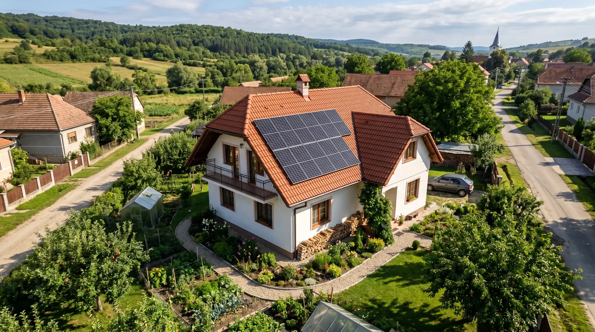 Vedere aeriană a unei case rezidențiale din România cu 12 panouri fotovoltaice montate pe acoperișul de țiglă, sub program Casa Verde 2026