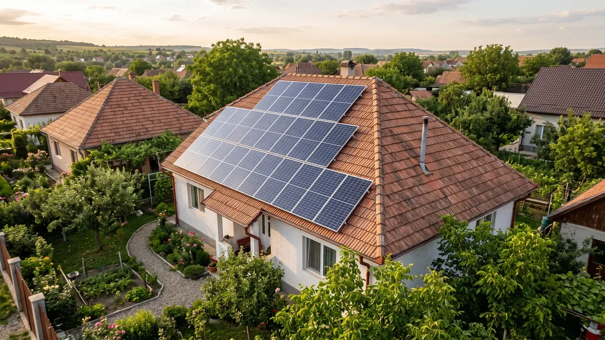 Acoperiș de țiglă al unei case românești cu un rând de panouri fotovoltaice montat și restul suprafeței încă liberă