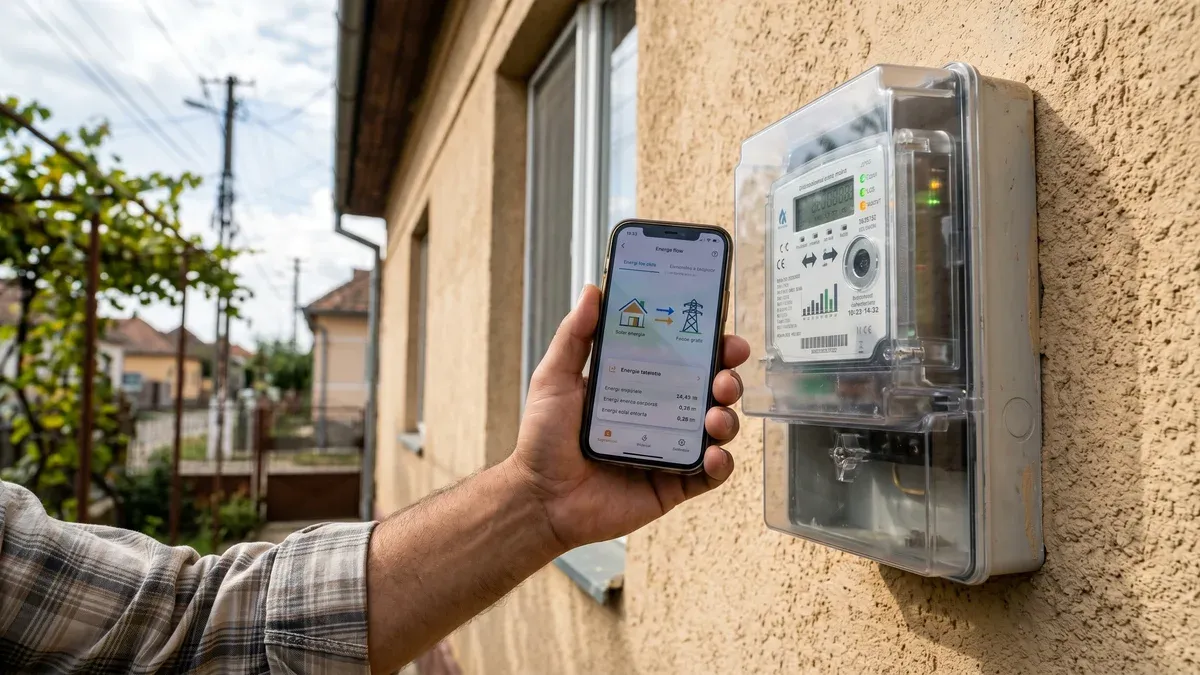 Contor electric bidirecțional montat pe perete alb, cu ecran digital care afișează valori de energie injectată și consumată