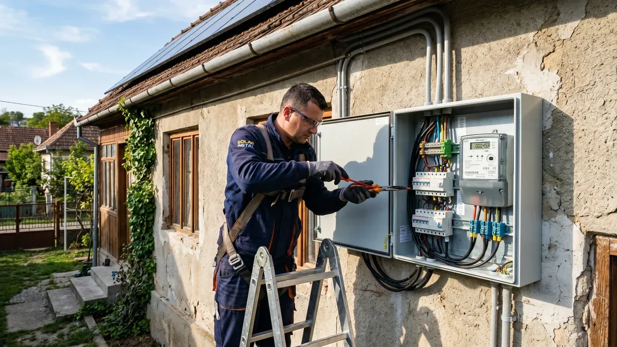 Tehnician verificând racordarea unui sistem fotovoltaic la tabloul electric și contorul bidirecțional al unei case