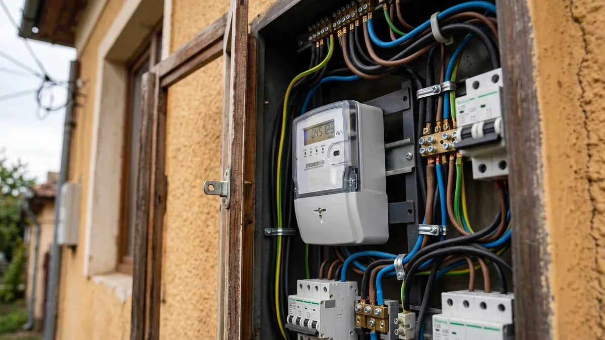Contor electric bidirecțional cu display digital montat în firida de branșament a unei case, cu indexul de import și cel de injecție vizibile