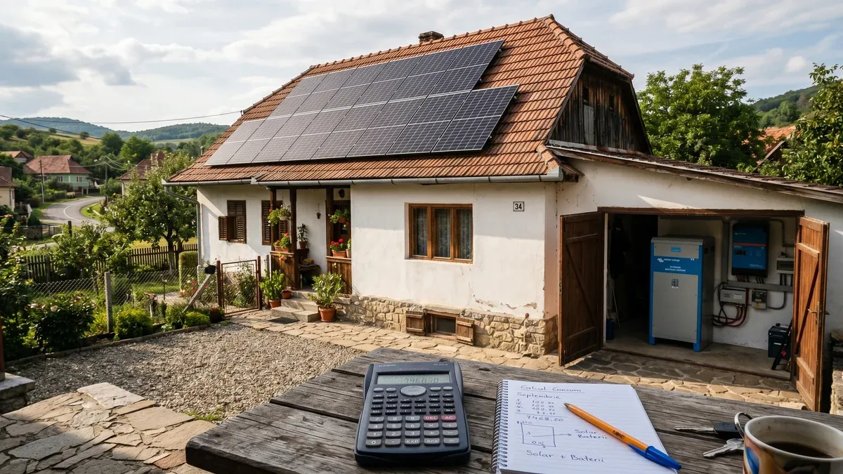 Calculator și documente cu costuri detaliate pe masă, alături de broșuri despre sisteme fotovoltaice și baterii de stocare