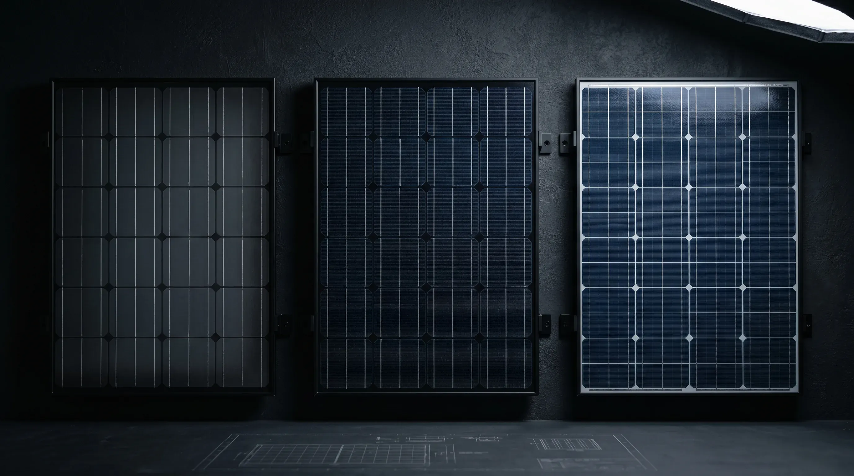 Trei panouri fotovoltaice de tipuri diferite așezate comparativ pe suprafață închisă, iluminare studio dramatică