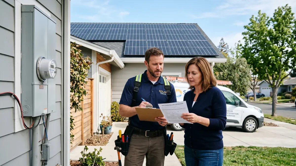 Proprietar de casă completând formulare pentru racordare la rețea ca prosumator, cu panouri fotovoltaice vizibile pe acoperișul casei în fundal