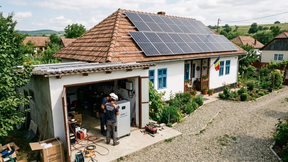Casă cu panouri fotovoltaice pe acoperiș și cablu de baterie de stocare conectat, fotografiată din exterior la apus