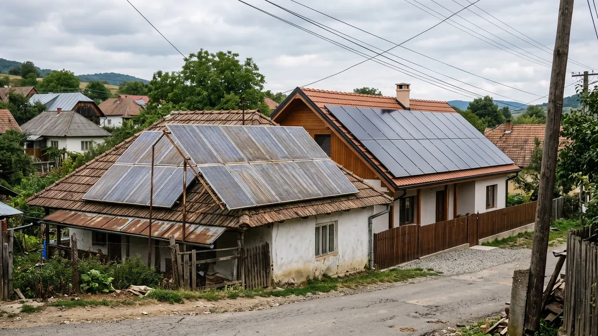 Două case alăturate într-un sat românesc, una cu panouri fotovoltaice vechi și decolorate, cealaltă cu panouri noi și lucioase