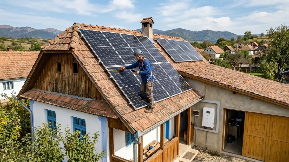 Schemă tehnică pe hârtie cu calculele unui sistem fotovoltaic cu baterie, lângă un laptop cu grafice de producție solară