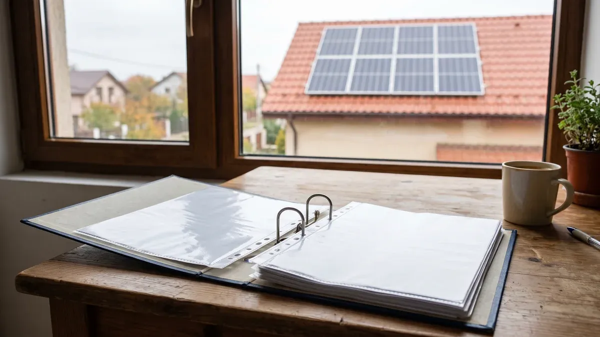 Biblioraft deschis cu documente așezat pe o masă de lucru, cu un acoperiș cu panouri fotovoltaice vizibil prin fereastră