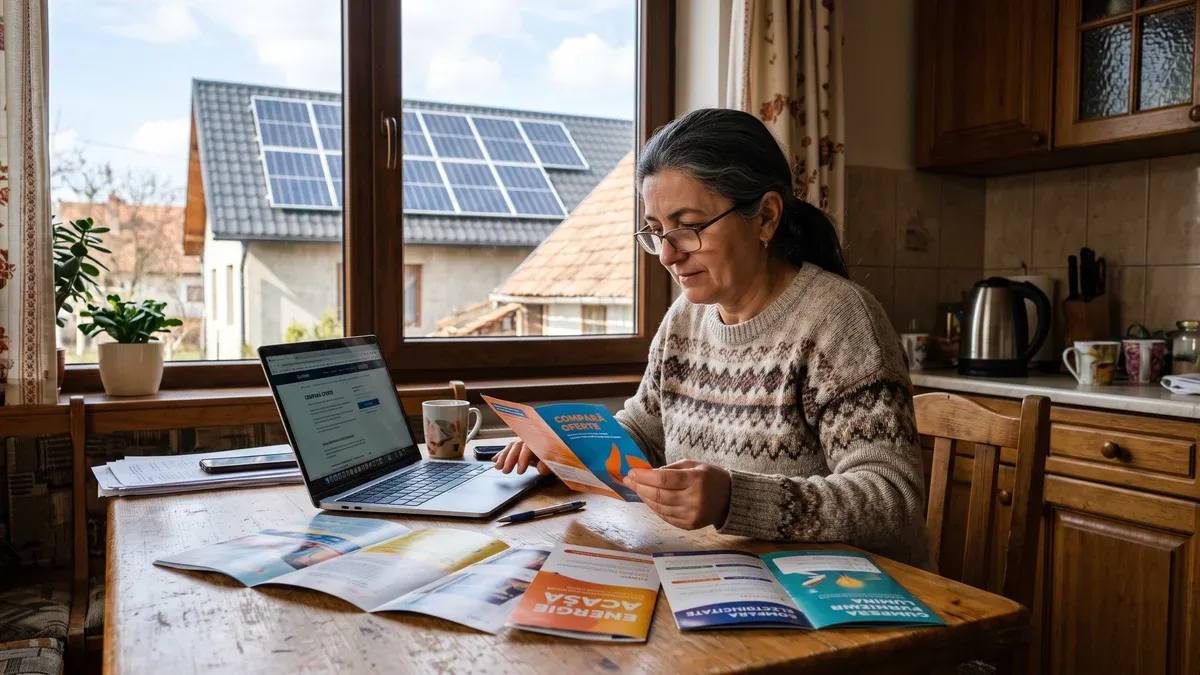 Contor smart de energie cu afișaj digital montat pe perete exterior la o casă cu panouri fotovoltaice