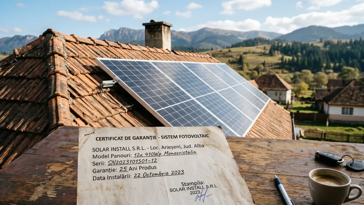Document de garanție pentru panouri fotovoltaice așezat pe o masă alături de un panou solar și o ofertă tehnică