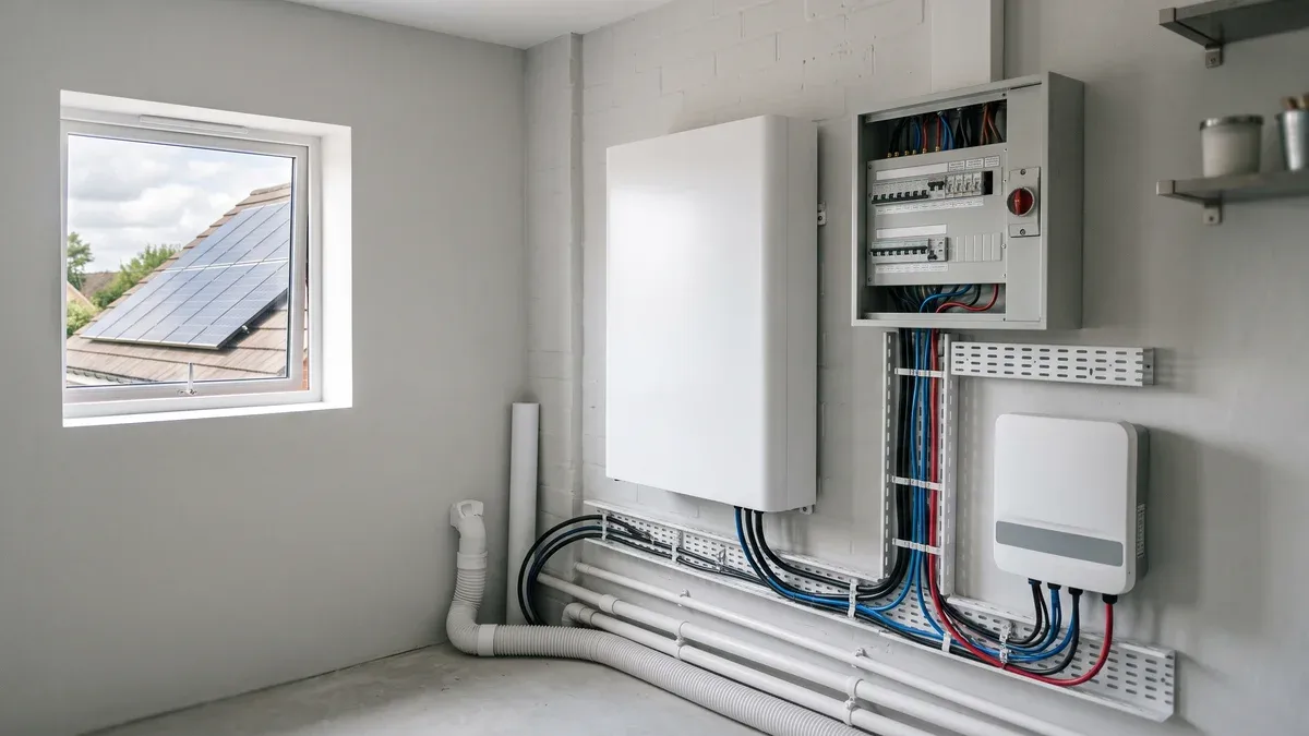 Baterie de stocare albă montată pe peretele unei camere tehnice, lângă tabloul electric, cu panouri solare vizibile pe fereastră