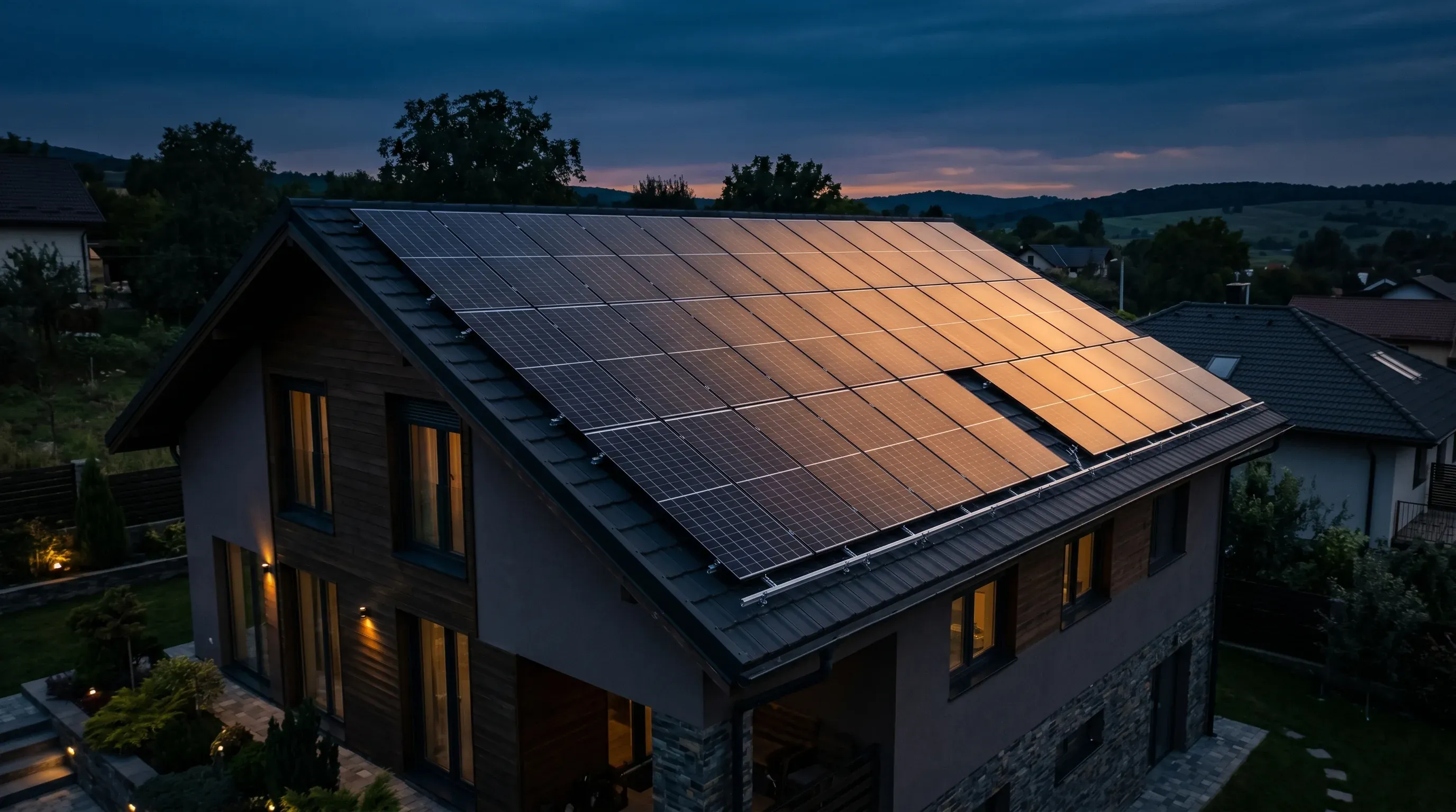 Panouri fotovoltaice instalate pe acoperișul unei case românești moderne, fotografiate la ora albastră