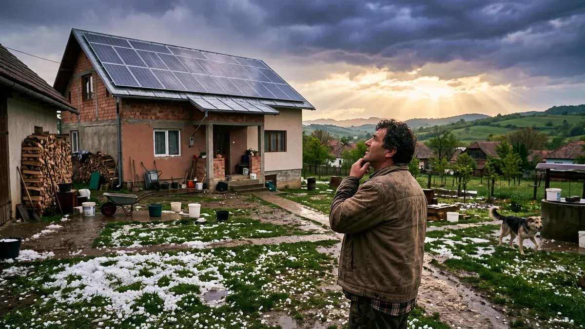 Boabe de grindină topindu-se pe iarbă și pe marginea acoperișului unei case cu panouri fotovoltaice intacte, cer vânăt și lumină de soare printre nori, iar un bărbat privește acoperișul din curte