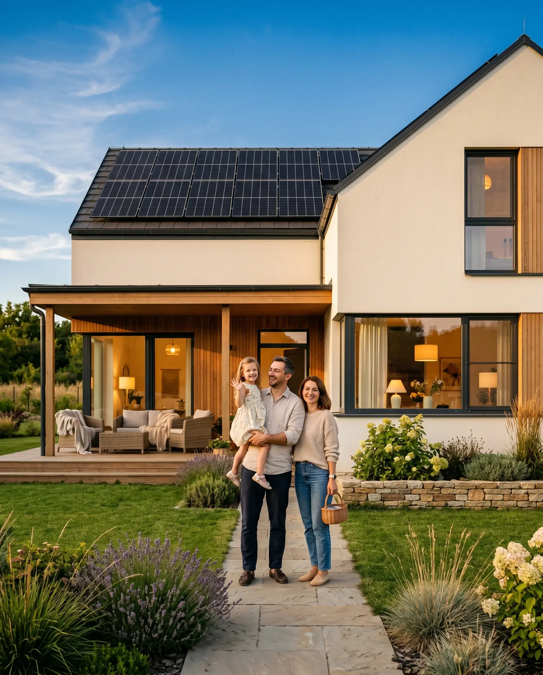 Familie tânără românească în fața casei moderne cu panouri fotovoltaice instalate prin Casa Verde
