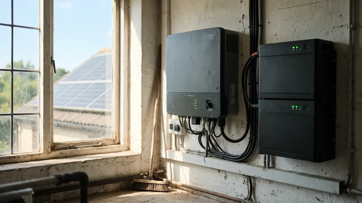 Invertor solar hibrid și baterie montate pe perete, cu indicatoare verzi aprinse, în lumina puternică a amiezii care intră pe fereastră