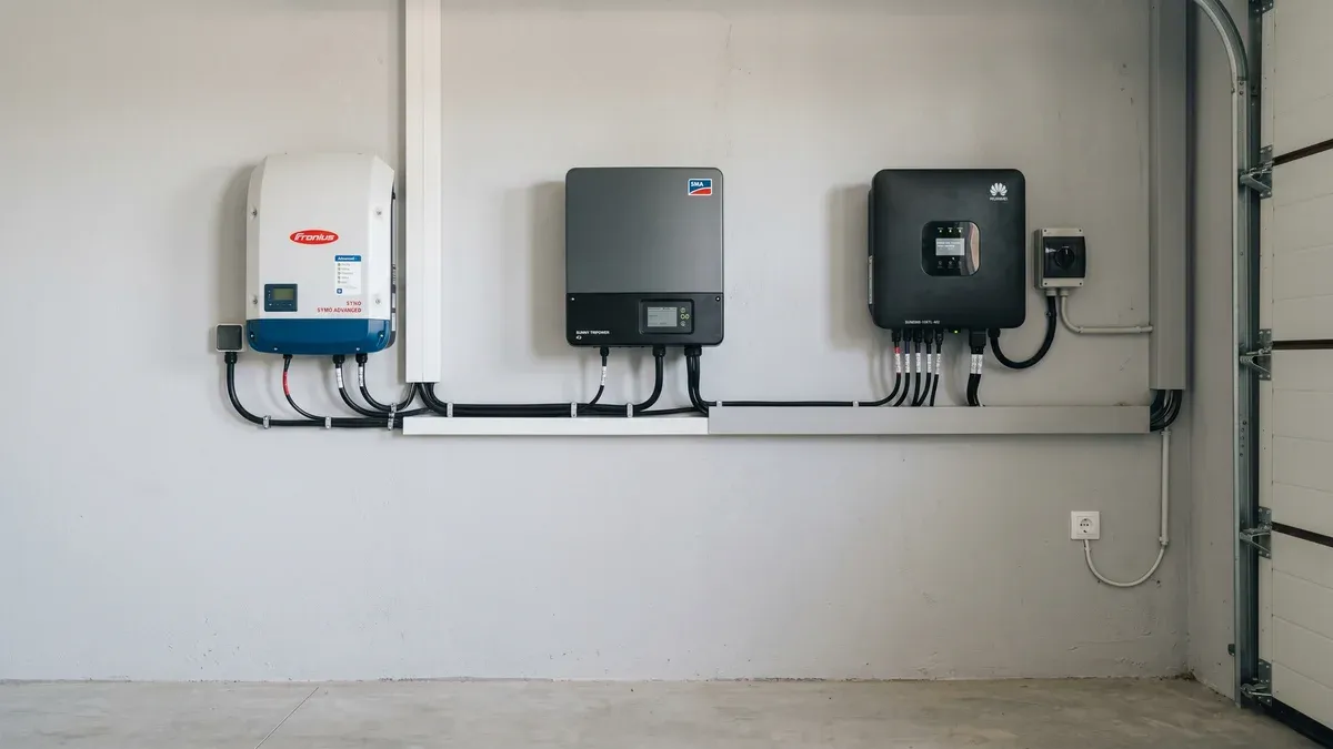 Invertor fotovoltaic montat pe perete într-o cameră tehnică alături de tablou electric și cabluri de conexiune