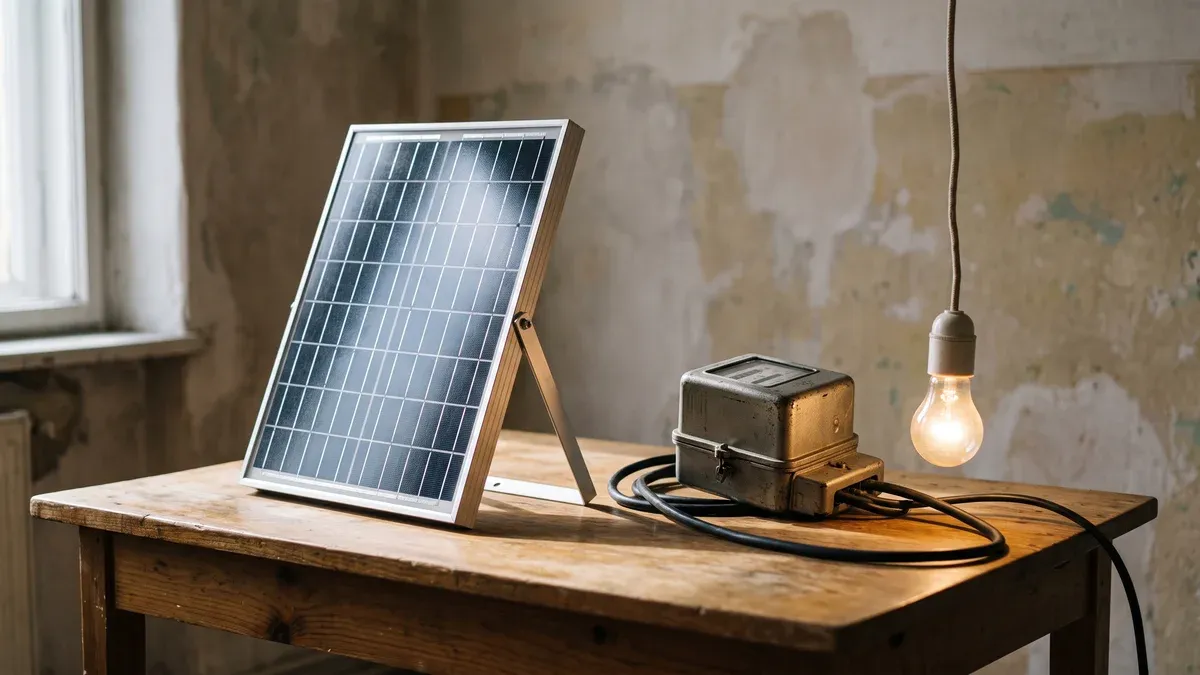 Panou fotovoltaic mic de demonstrație, un contor electric vechi și un bec aprins, așezate pe o masă de lemn ca o comparație între putere și energie