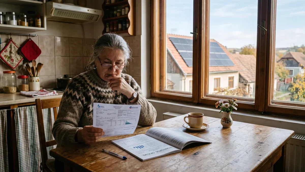 Contor bidirecțional și o factură de energie pe masa din bucătăria unei case cu panouri fotovoltaice pe acoperiș