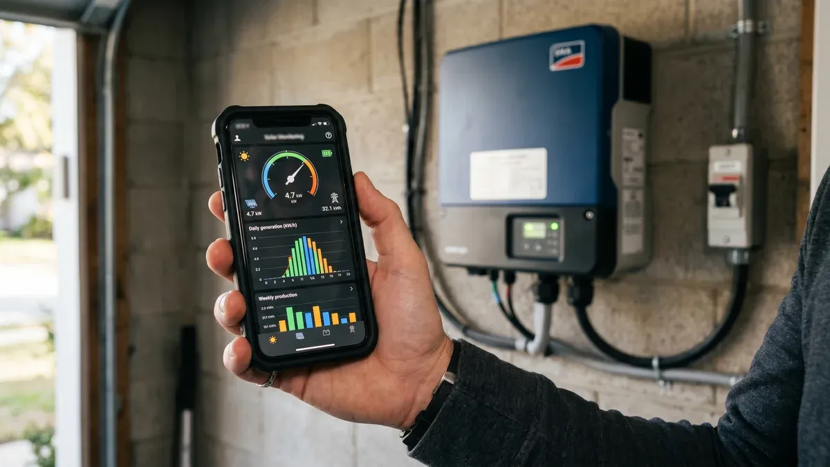 Telefon care afișează aplicația de monitorizare a unui sistem fotovoltaic cu grafice de producție și consum energie