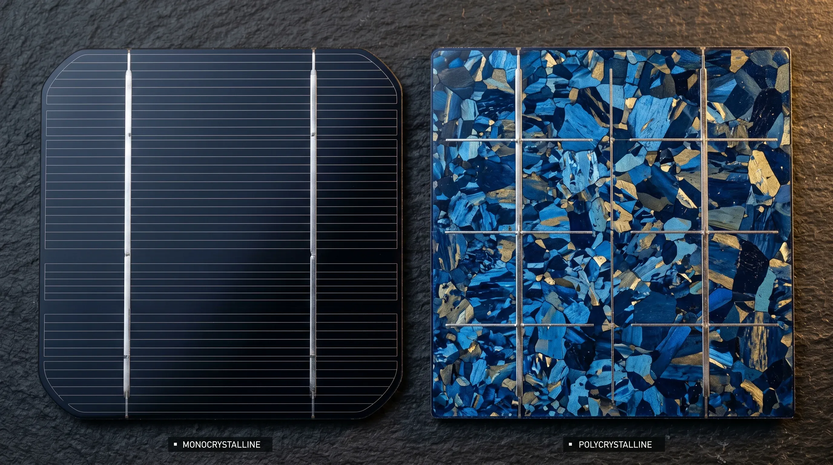 Macro close-up comparativ între celulă monocristalină închisă și celulă policristalină albăstruie