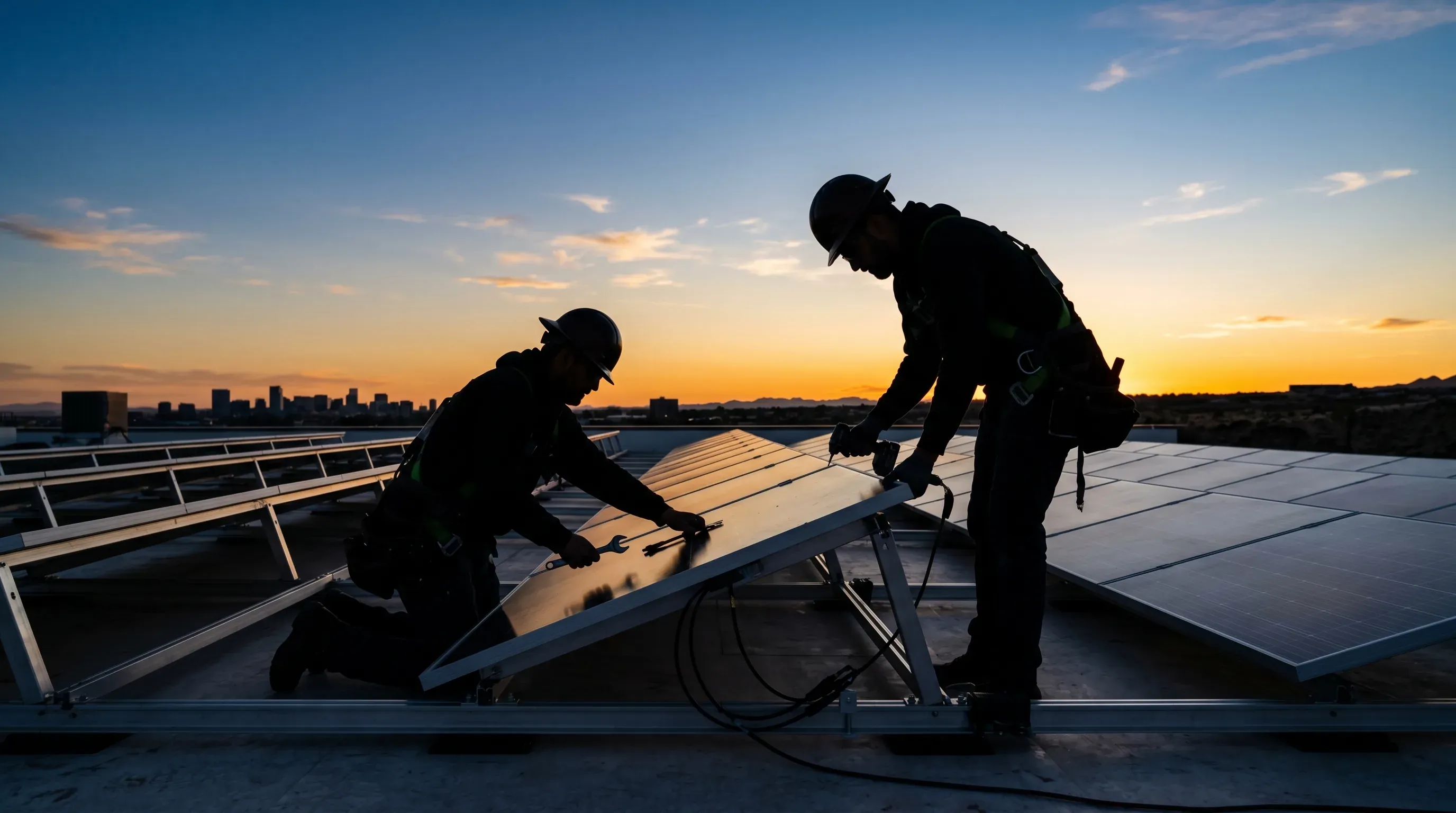 Doi instalatori în siluetă pe acoperișul unei case la apus, ocupându-se de montajul panourilor fotovoltaice