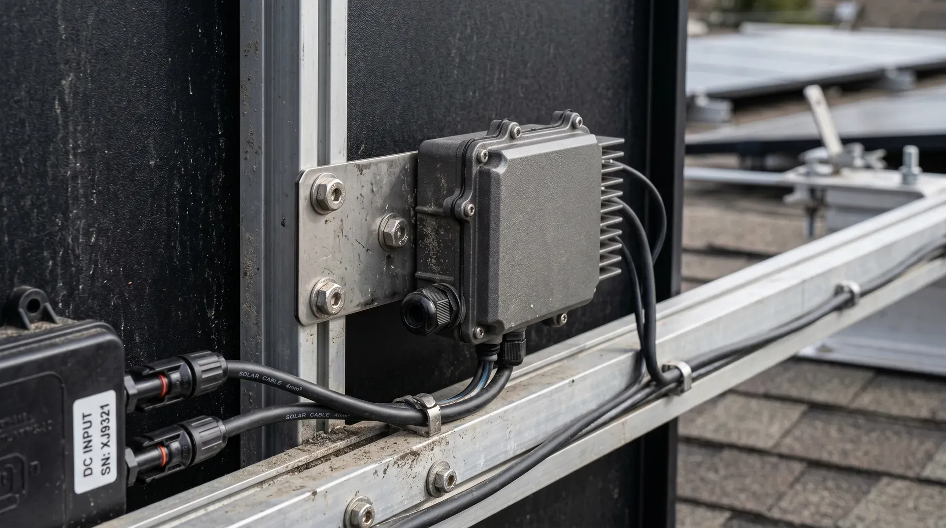 Close-up optimizator MPPT mic montat pe spatele cadrului unui panou fotovoltaic cu cabluri de conectare vizibile