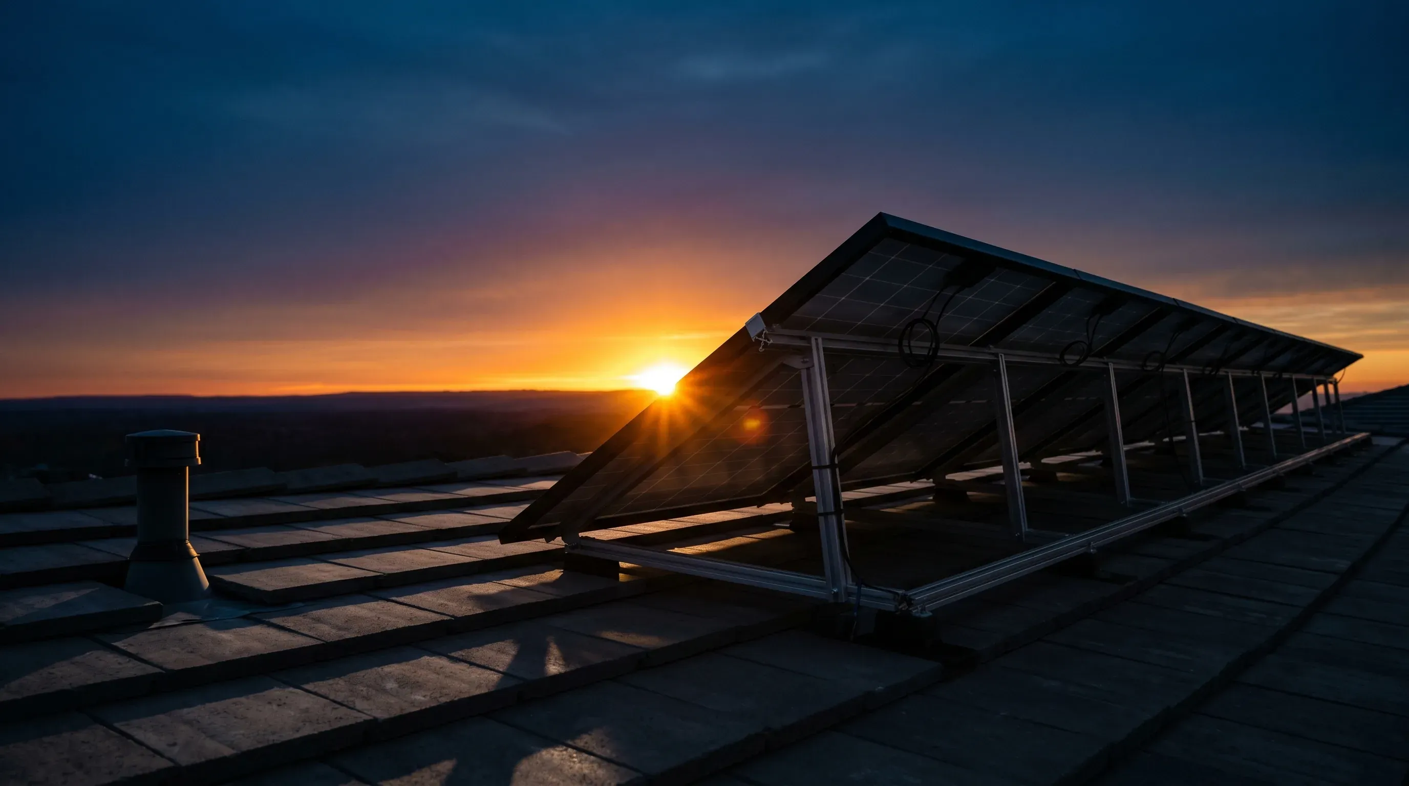 Panouri fotovoltaice pe acoperiș în zori, cu razele soarelui venind dintr-un unghi precis