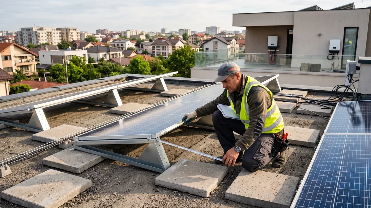 Terasa unei case moderne cu rânduri de panouri fotovoltaice pe structuri triunghiulare lestate cu dale de beton, iar un instalator măsoară distanța dintre rânduri