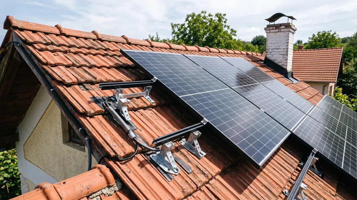 Acoperiș de țiglă ceramică cu șiruri de panouri fotovoltaice montate și jgheaburi intacte