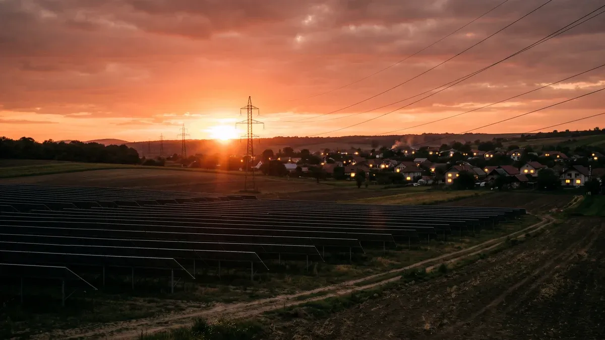 Câmp cu panouri fotovoltaice în contralumină la apus, cu linii de înaltă tensiune care traversează cadrul spre un sat cu ferestre luminate
