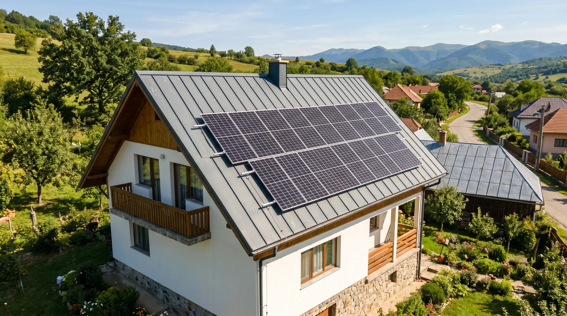 Casă rezidențială românească cu panouri fotovoltaice instalate pe acoperișul de tablă cutată, vedere la unghi de 45 grade