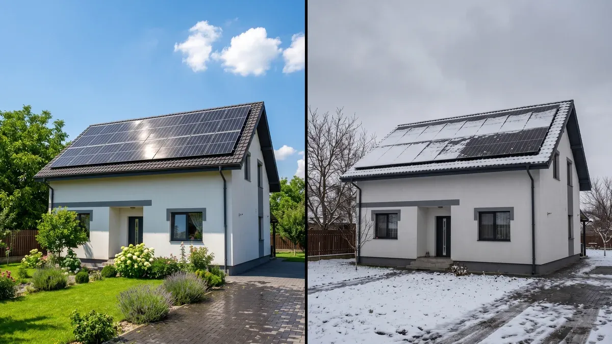 Casă românească cu acoperiș acoperit de zăpadă și panouri fotovoltaice parțial vizibile sub stratul de nea