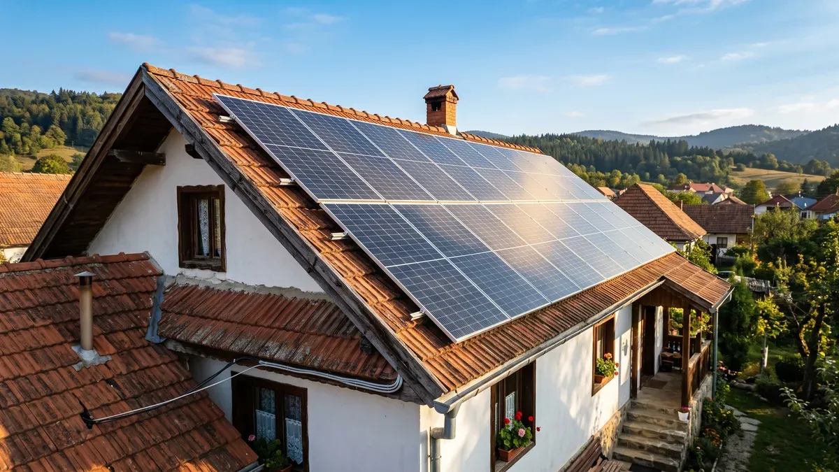 Panouri fotovoltaice pe acoperișul unei case, văzute de aproape într-o dimineață senină