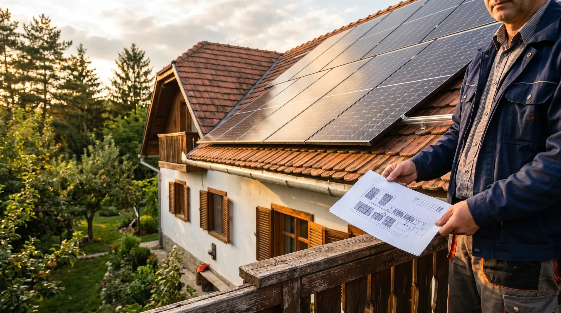 Proprietar român analizând o schemă de sistem fotovoltaic instalat pe acoperișul casei sale, sub lumina apusului