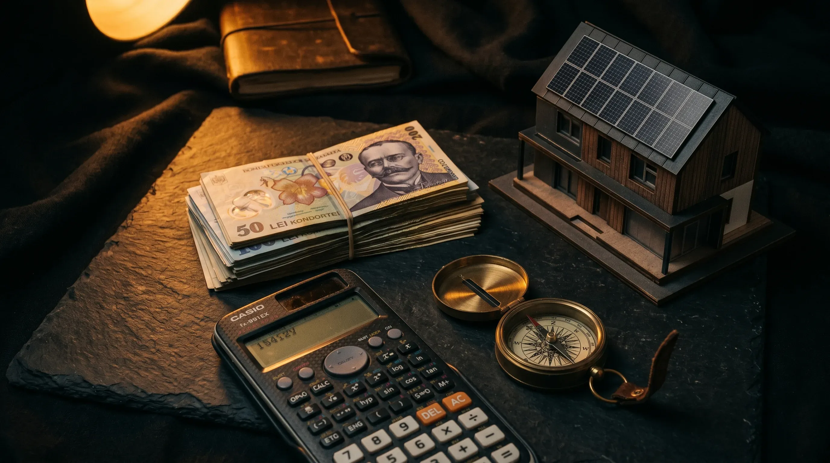 Teanc de bani lei pe fundal închis cu compas și calculator tehnic, fotografie close-up profesională