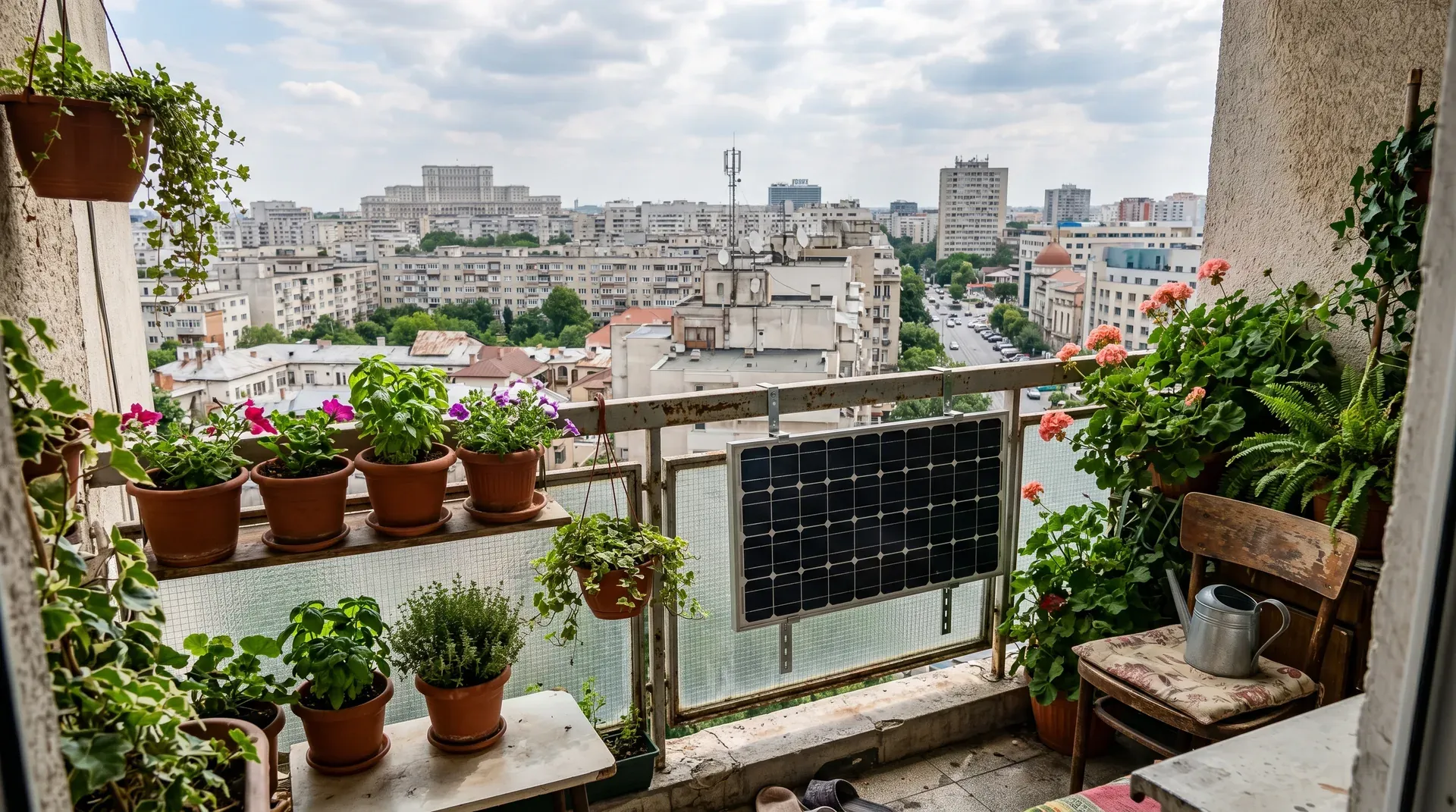 Balcon de apartament românesc cu panou fotovoltaic mic montat pe balustradă, vedere asupra orașului în fundal