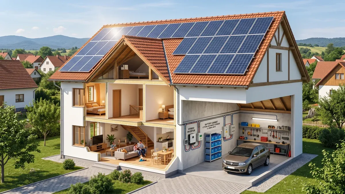 Sistem hibrid fotovoltaic cu invertor și baterie de stocare montate pe perete într-o încăpere tehnică rezidențială