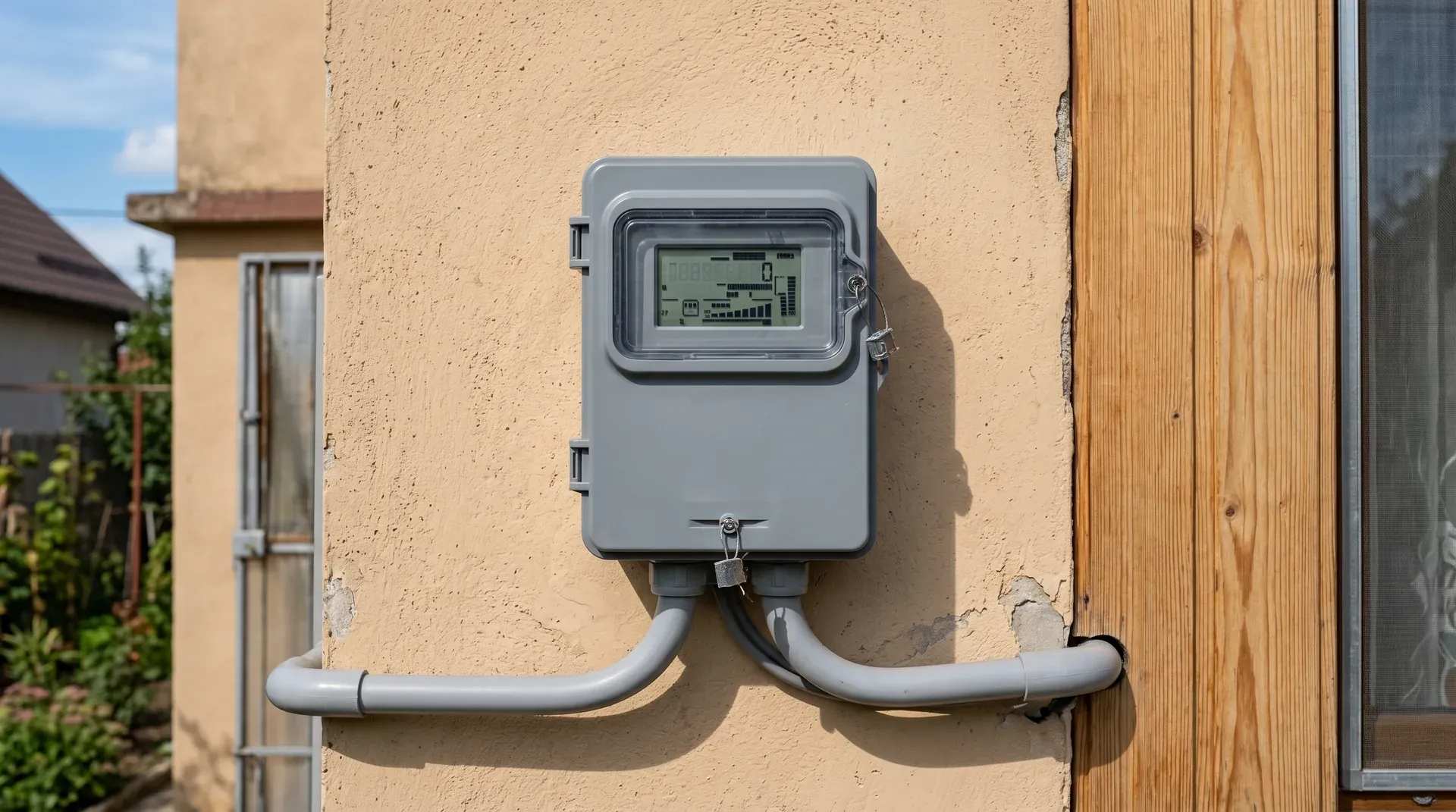 Contor electric bidirecțional smart meter pentru prosumator montat pe peretele exterior al unei case rezidențiale din România