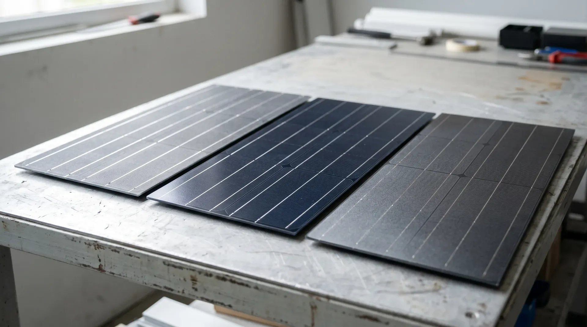 Trei panouri fotovoltaice cu tehnologii diferite (PERC, TOPCon, HJT) așezate pe un banc de testare în lumină naturală