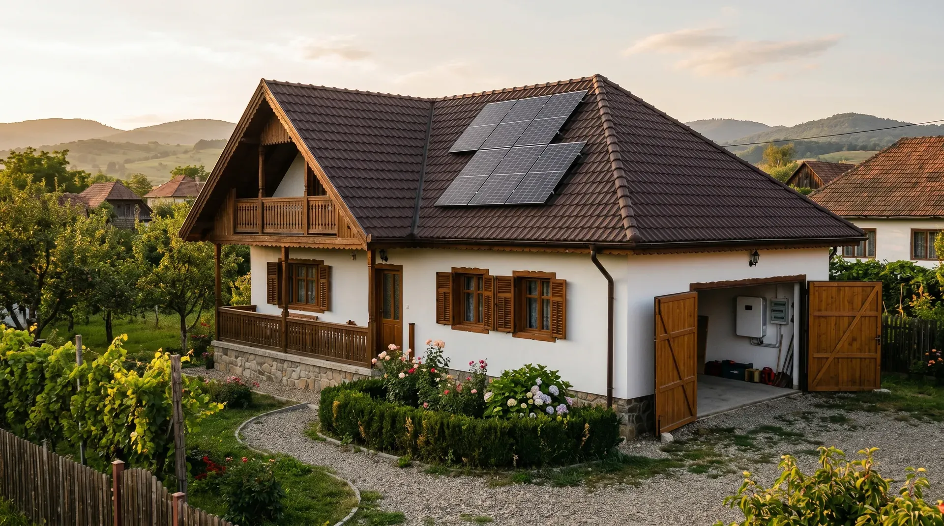 Casă rezidențială românească cu panouri fotovoltaice pe acoperiș și cabinet baterie de stocare vizibil printr-o ușă deschisă de garaj, scenariu prosumator existent